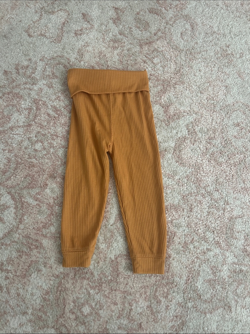 Kids Ribbed Fold-Over Waist Leggings in Mustard Brown